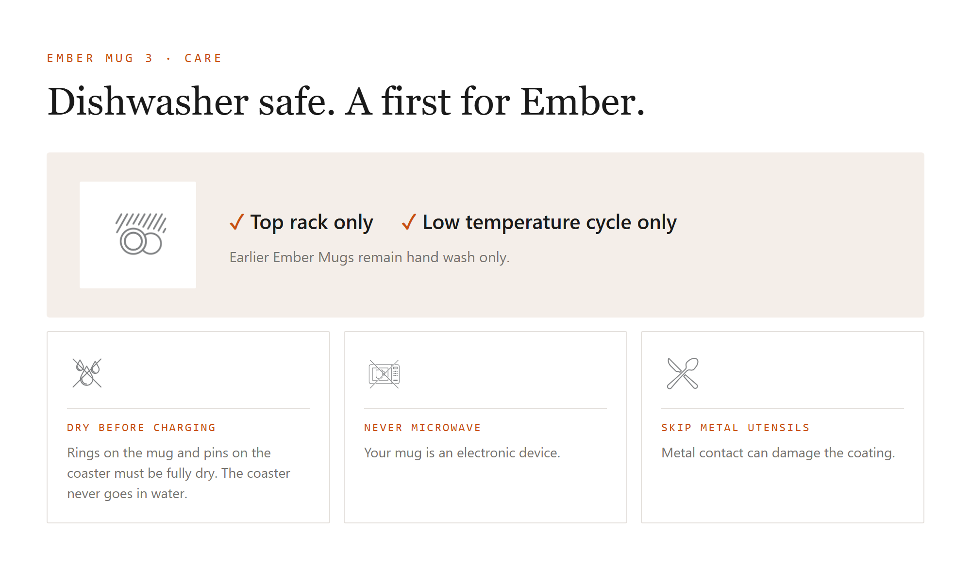 Ember Mug 3 dishwasher rules: top rack only and low temperature cycle only, plus reminders to dry the charging rings before charging, never microwave, and avoid metal utensils