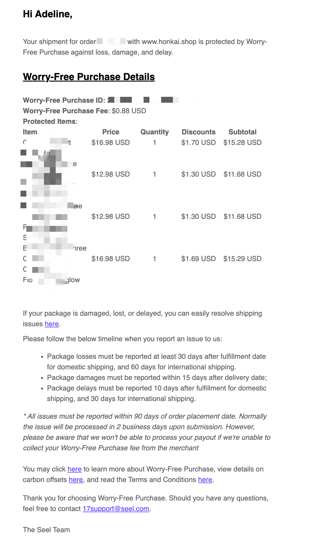 Policy confirmation email sent by Seel