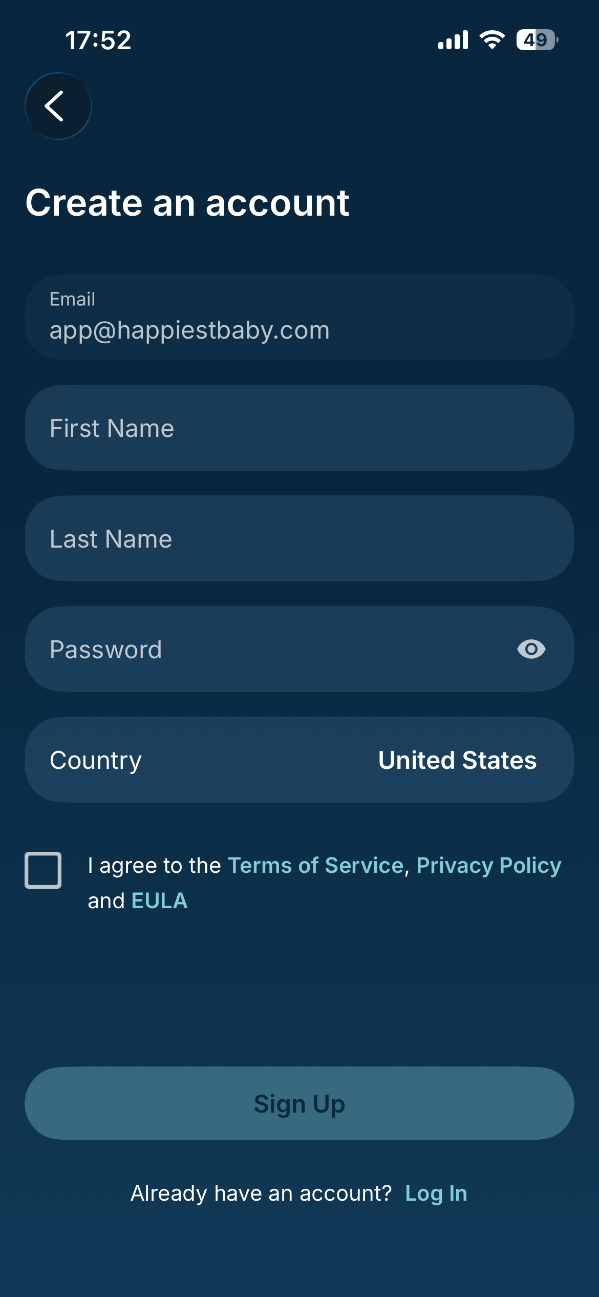 How do I set up my account and baby’s profile in the Happiest Baby App? Sign Up .PNG