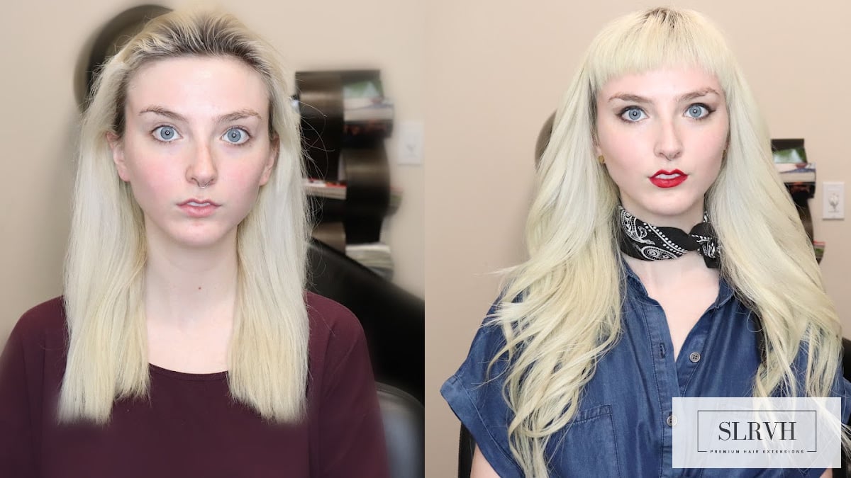 Beautiful before and after using weft hair extensions Caucasian blonde hair 