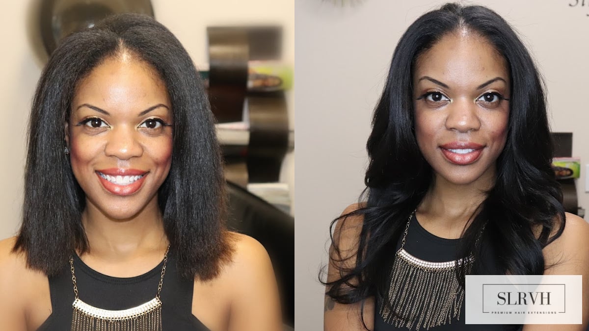 Beautiful before and after using weft hair extensions in texture indian curly 