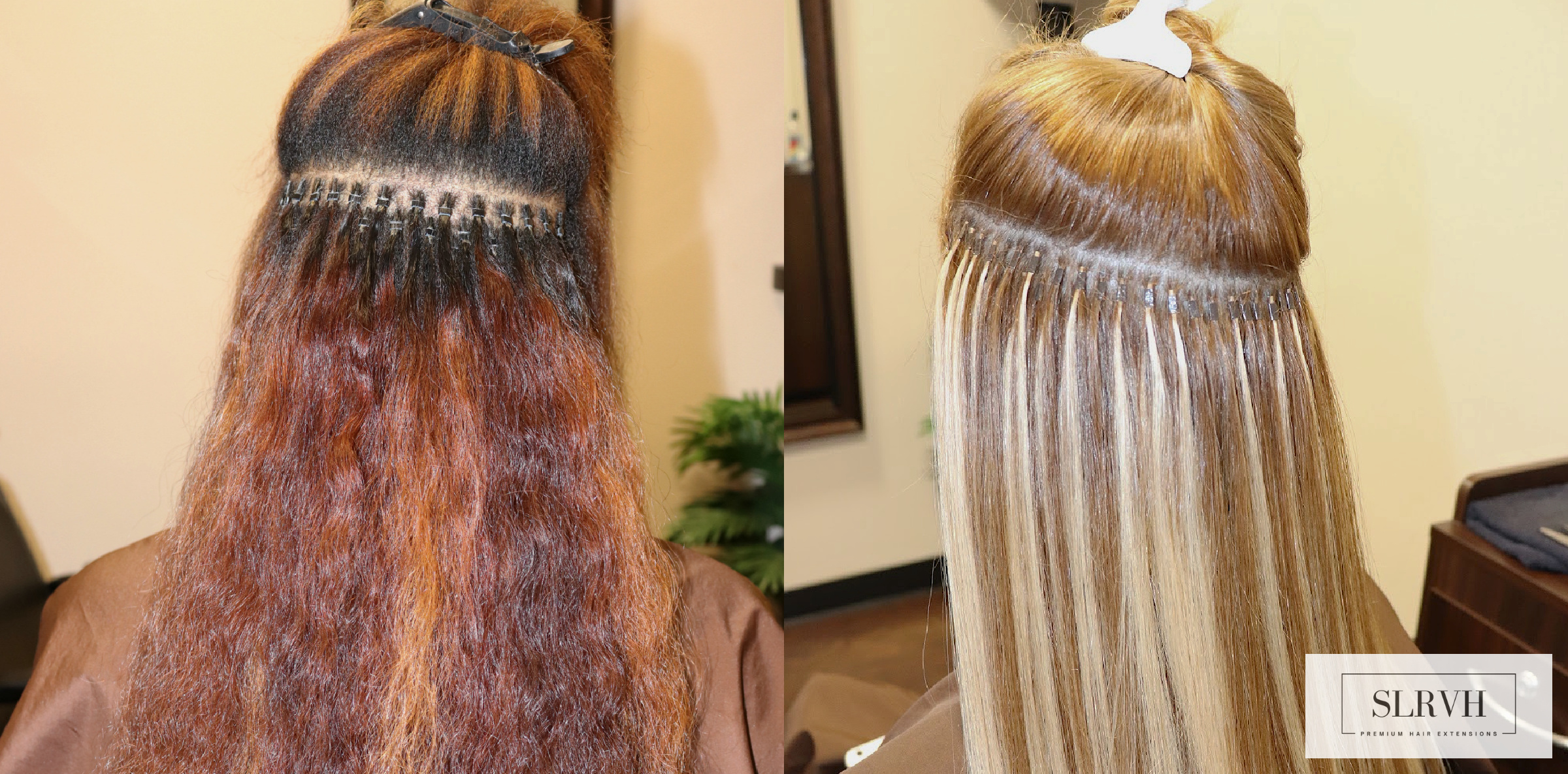Image of side by side. On left is classic raw curly microlinks with the right Seamless I-tip microlinks 