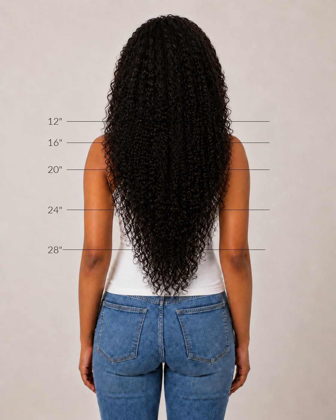 Back view showing how kinky curly hair extension length appears on the body