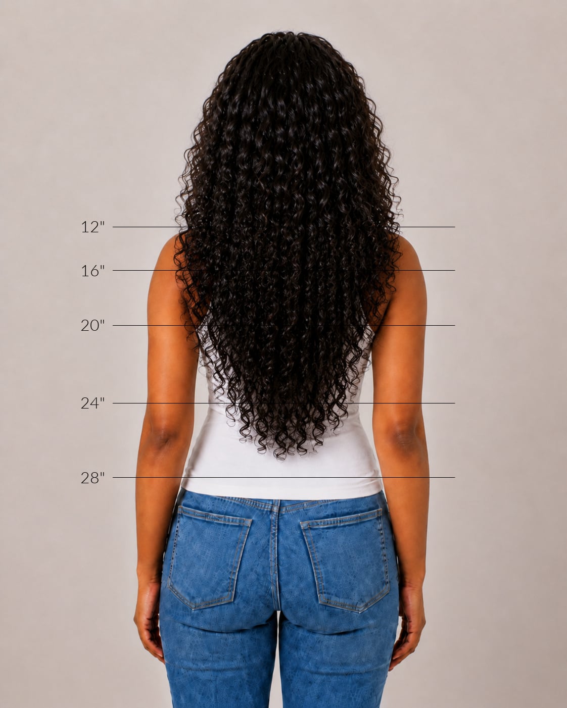 Back view showing how curly hair extension length appears on the body