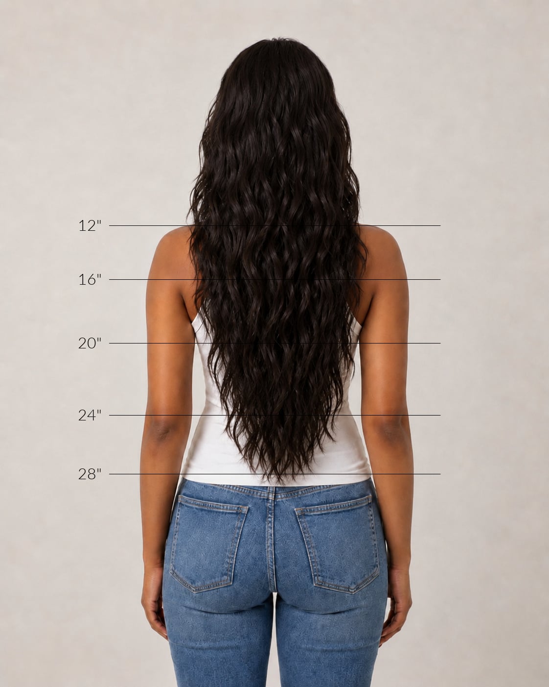 Back view showing how wavy hair extension length appears on the body