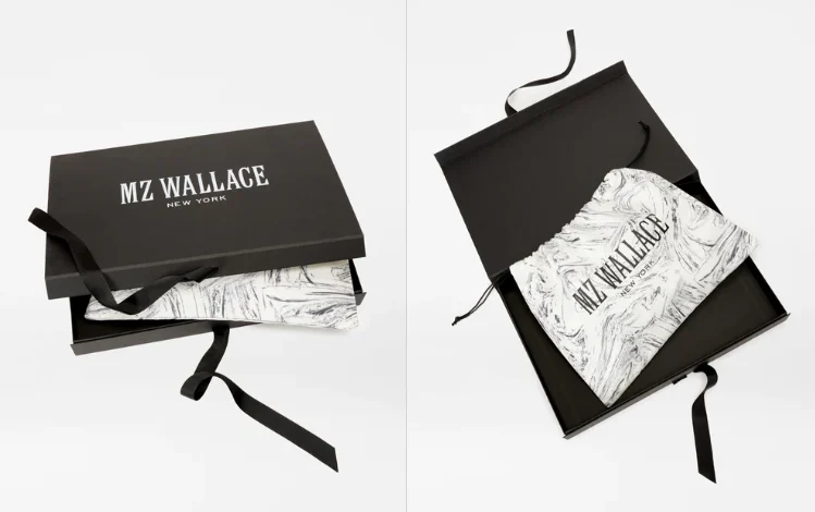 MZ Wallace signature black gift box tied with ribbon