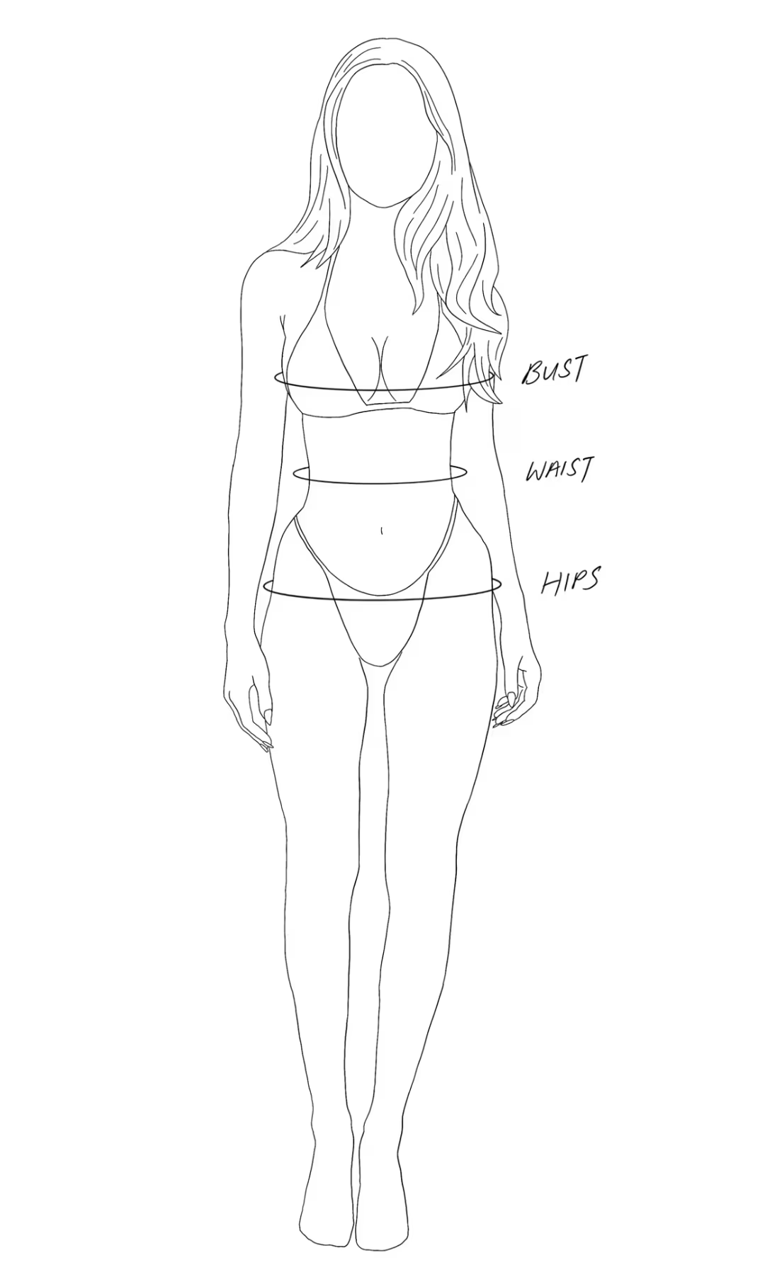 Drawing of woman showing measurements on body for bust, waist, and hips.