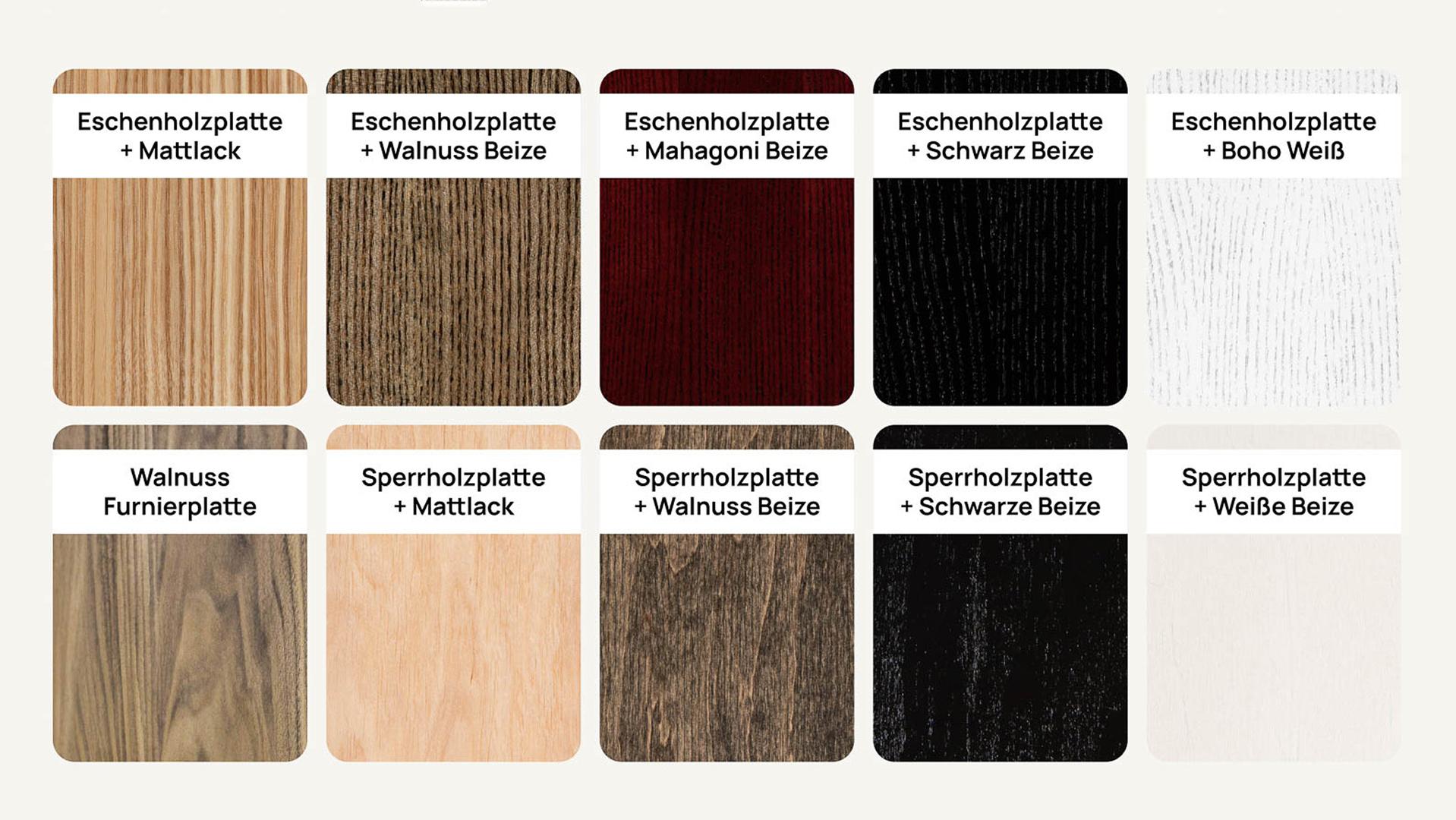 Holzarten und -farben, die wir verwenden