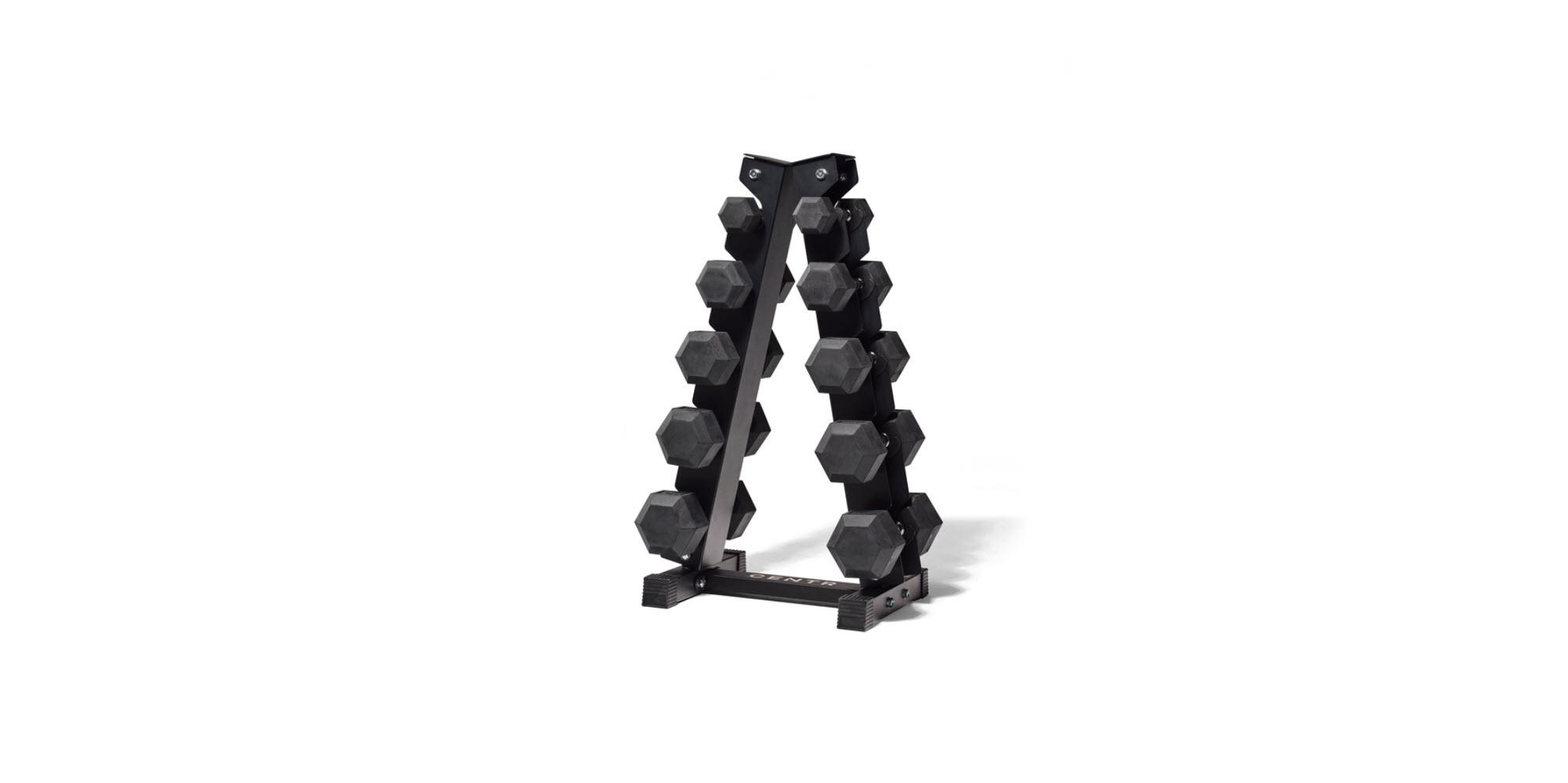 Centr Hex 150 Lb (5-25 Lb Pairs) Rubber Dumbbell Set with Rack