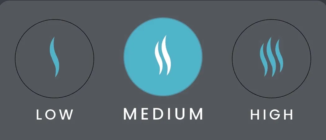 Three circular icons labeled "LOW," "MEDIUM," and "HIGH," with corresponding steam-like graphics in varying styles.