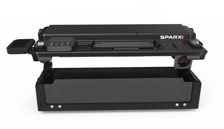 A black printer with a button

Description automatically generated