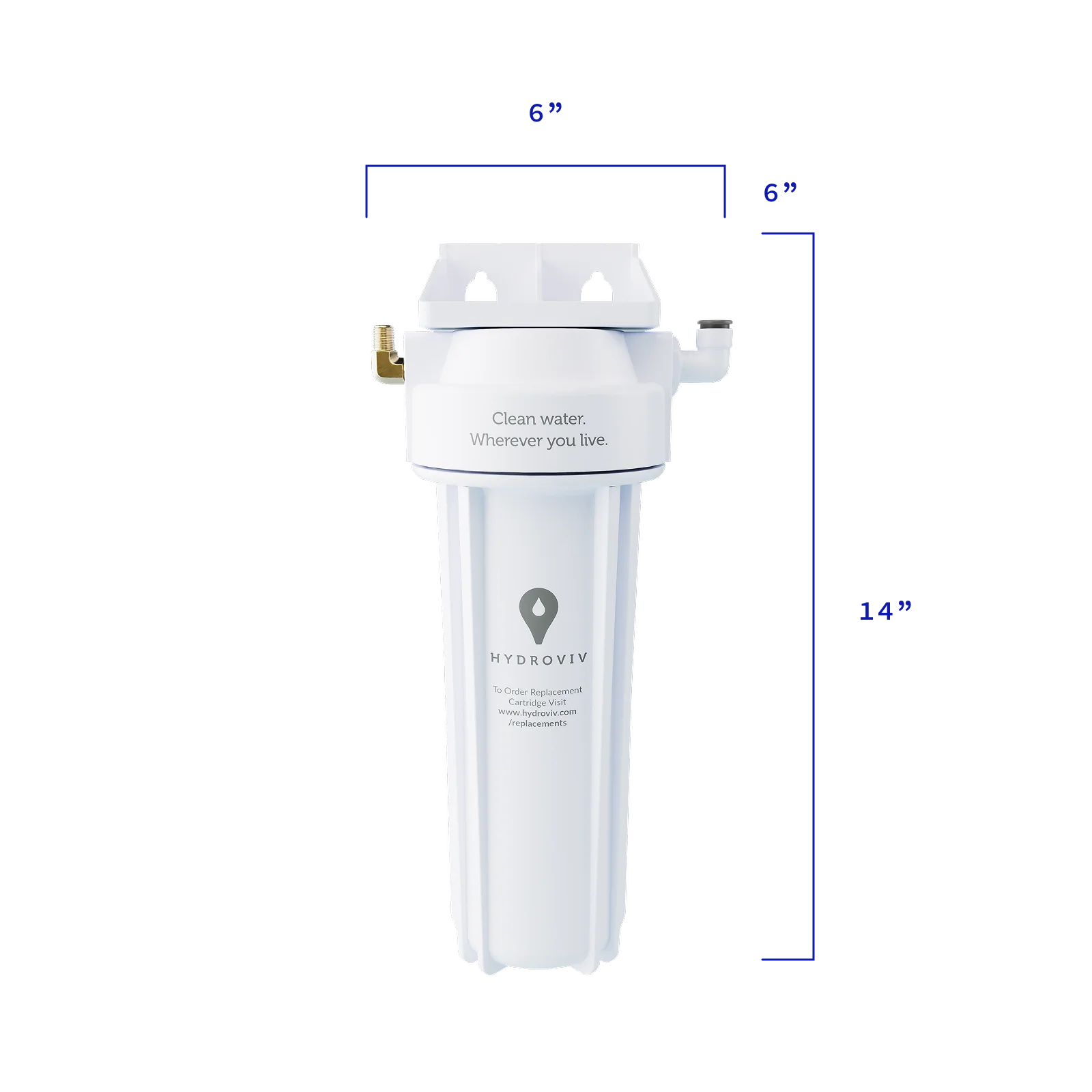 A diagram explaining the Hydroviv drinking water filter's dimensions against a transparent background.