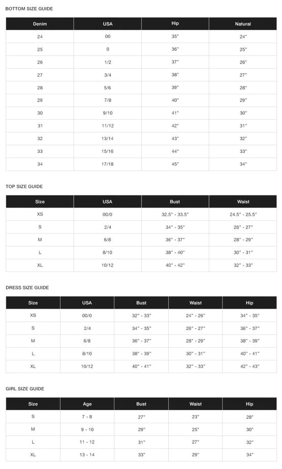 Miss Me Size Charts