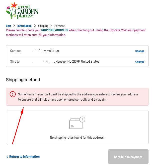 screenshot of the checkout page warning