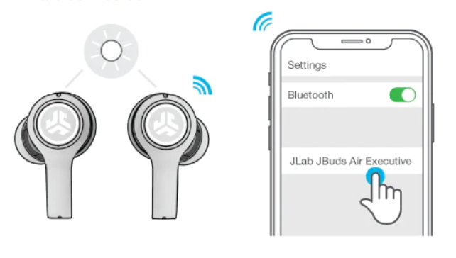 select your device name in your bluetooth menu settings to connect, blinking white lights indicate you are connected