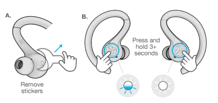 take earbuds out of charging case and remove stickers, one earbud will blink blue/white which is our bluetooth icon indicating ready to pair