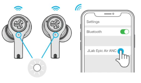 select your device name in your bluetooth menu settings to connect, blinking white lights indicate you are connected