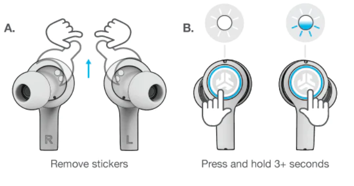 take earbuds out of charging case and remove stickers, one earbud will blink blue/white which is our bluetooth icon indicating ready to pair