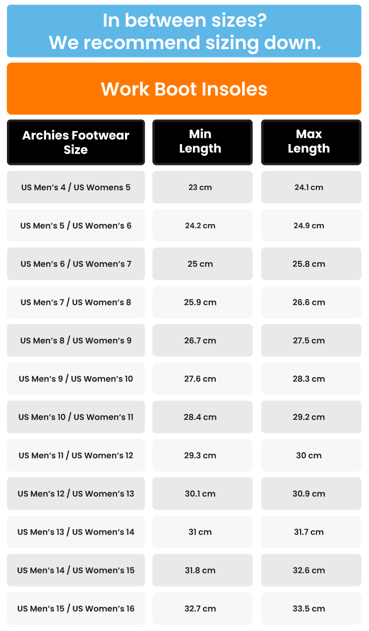 Size chart for Work Boot insole