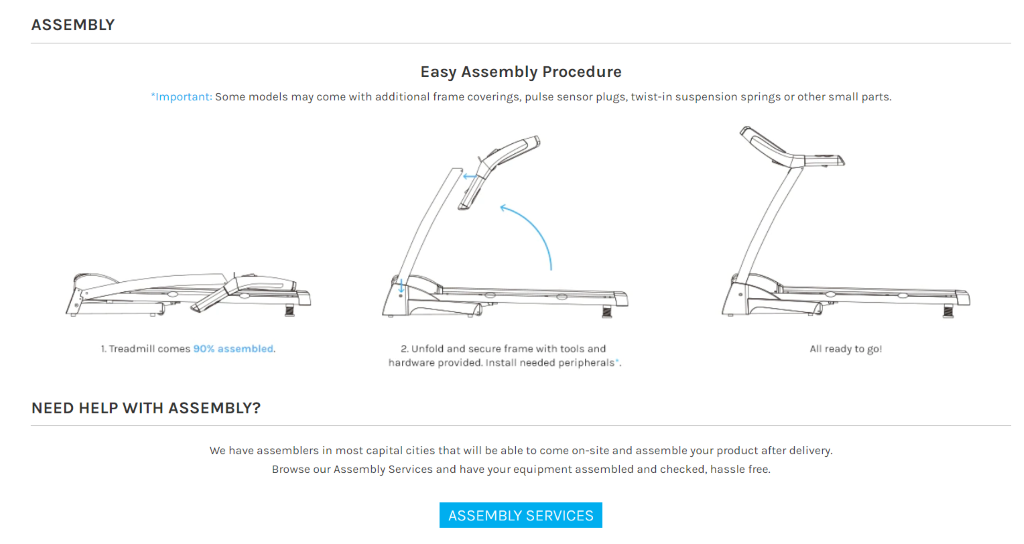 ASSEMBLY Easy Assembly Procedure 'Important: Some models may come with additional frame coverings, pulse sensor plugs, twist-in suspension springs or other small parts. 1. Treadmill comes 90% assembled. NEED HELP WITH ASSEMBLY? 2. unfold and secure frame with tools and hardware provided. Install needed peripherals'. All ready to go! We have assemblers in most capital cities that will be able to come on-site and assemble your product after delivery. Browse our Assembly Services and have your equipment assembled and checked, hassle free. ASSEMBLY SERVICES 