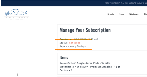 Screenshot of accounts page indicating status of subscription on shopmzb.com