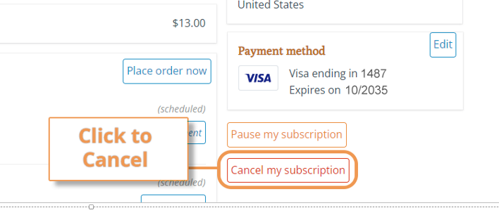 Screenshot indicating where to cancel subscription on shopmzb.com