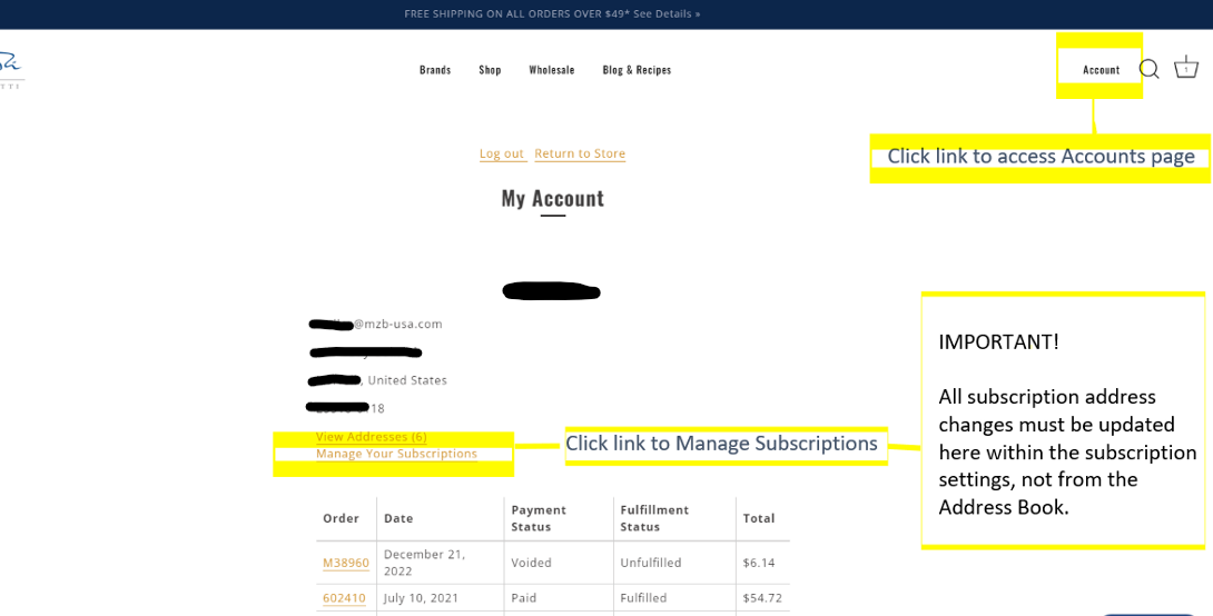 Screenshot of accounts page on shopmzb.com