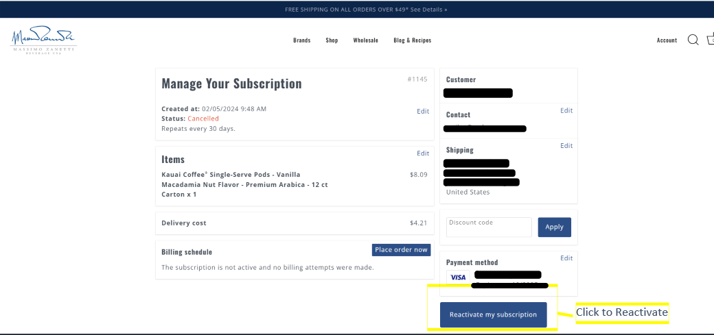 Screenshot of reactivate subscription button on shopmzb.com