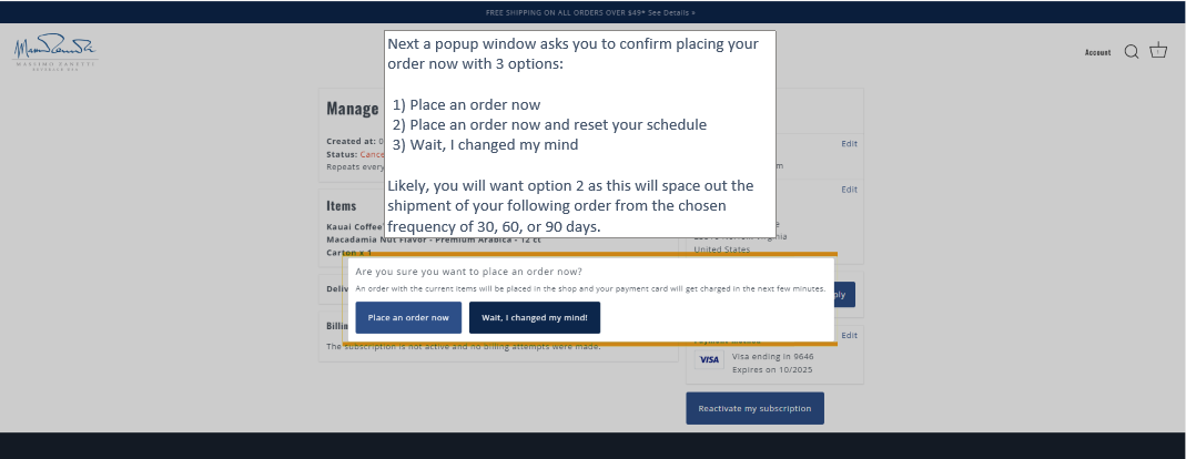 Screenshot of update subscription confirmation screen on shopmzb.com