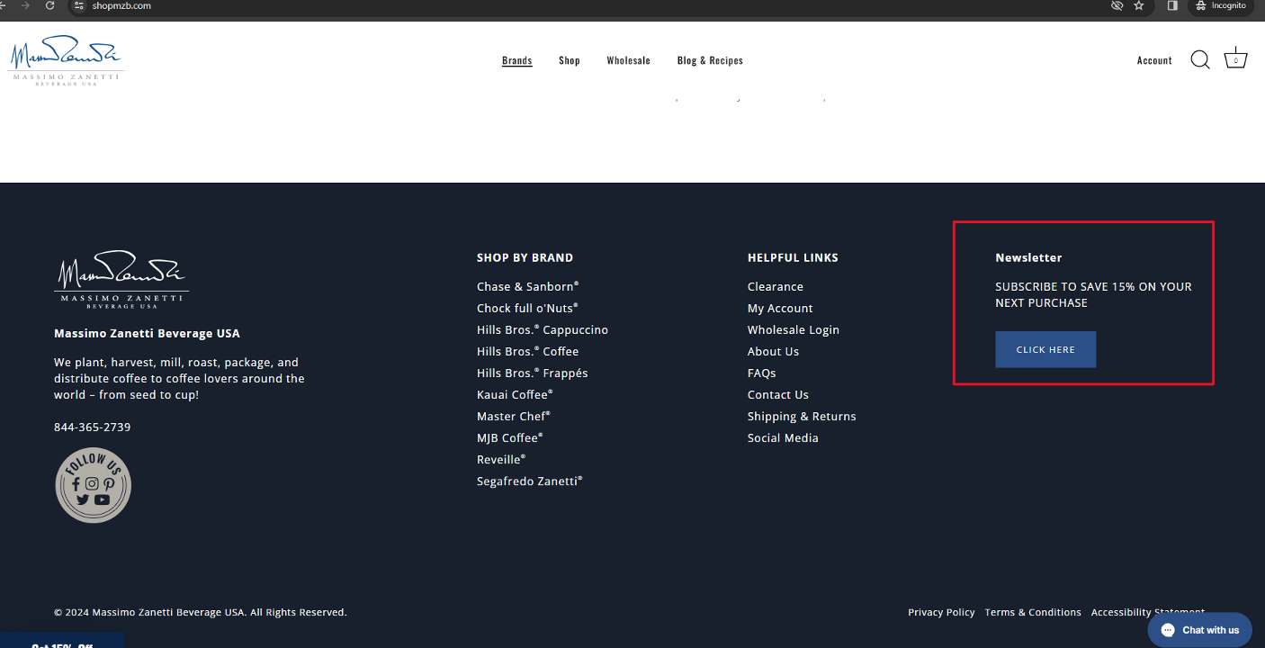 Screenshot of newsletter signup section in footer on shopmzb.com
