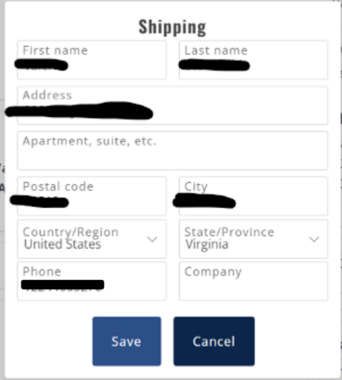 Screenshot of shipping address input on shopmzb.com
