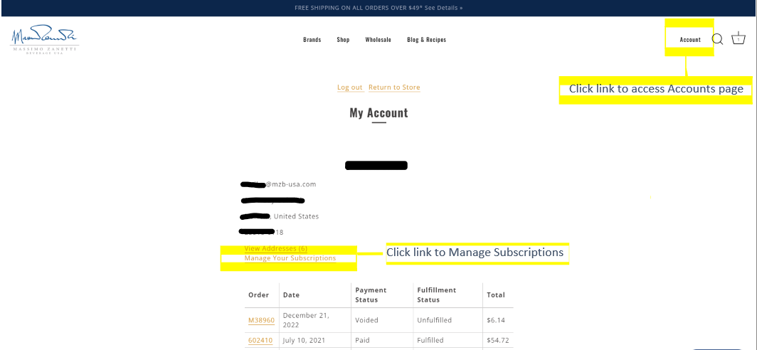 Screenshot of accounts page on shopmzb.com