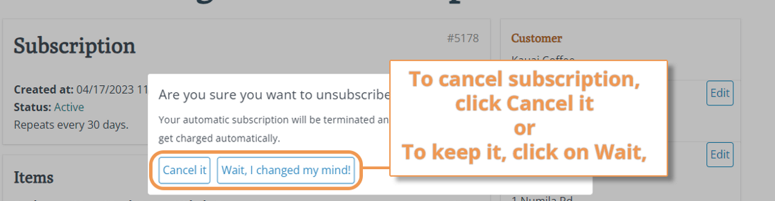 Screenshot of confirmation page to cancel subscription on shopmzb.com