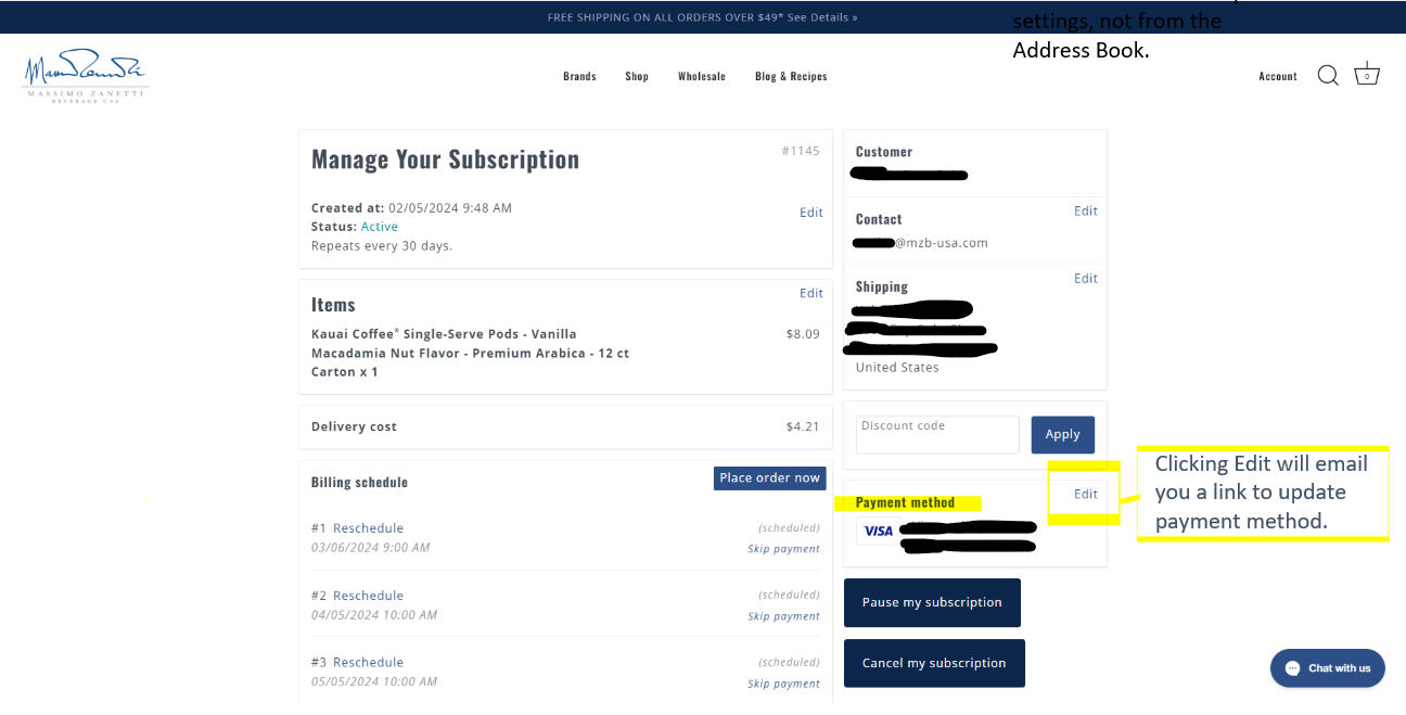 Screenshot of subscription management under accounts page on shopmzb.com