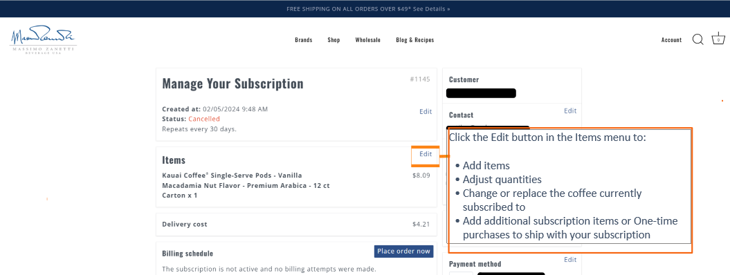 Screenshot of subscription management page on shopmzb.com