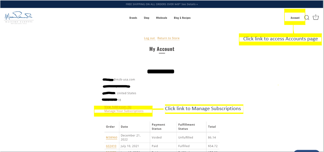 Screenshot of account management page on shopmzb.com