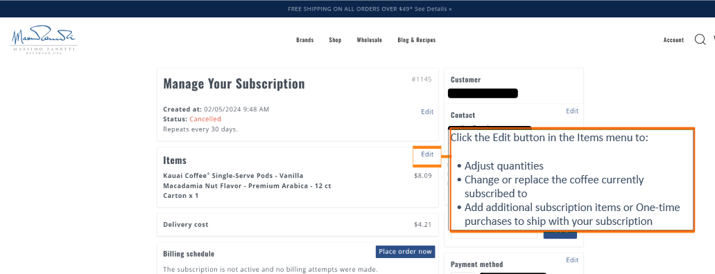 Screenshot of edit subscription page on shopmzb.com