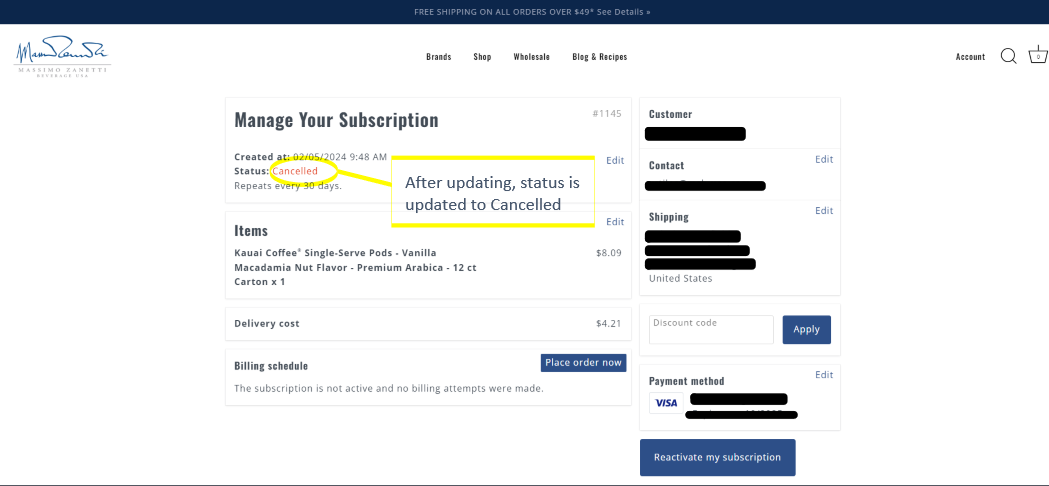 Screenshot demonstrating subscription status on shopmzb.com