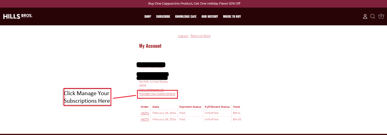 Screenshot of accounts page on hillsbros.com