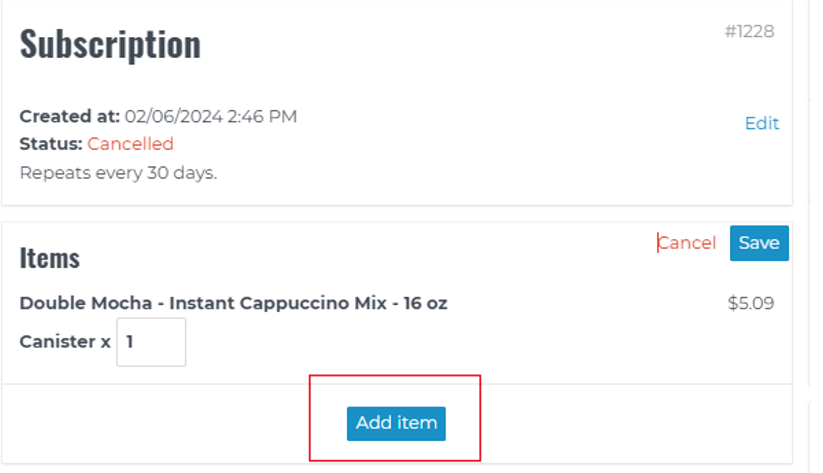 Screenshot of add item to subscription order on hillsbros.com
