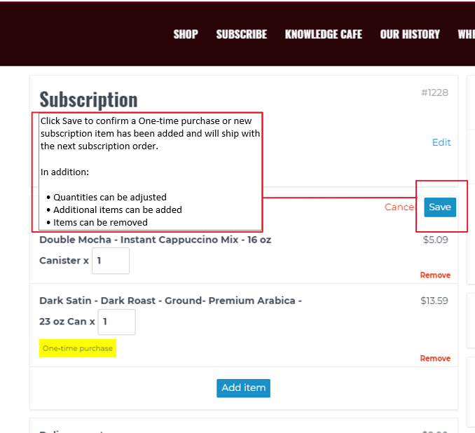 Screenshot of update subscription order summary on hillsbros.com