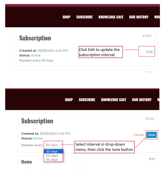 Screenshot indicating how to change subscription intervals on hillsbros.com