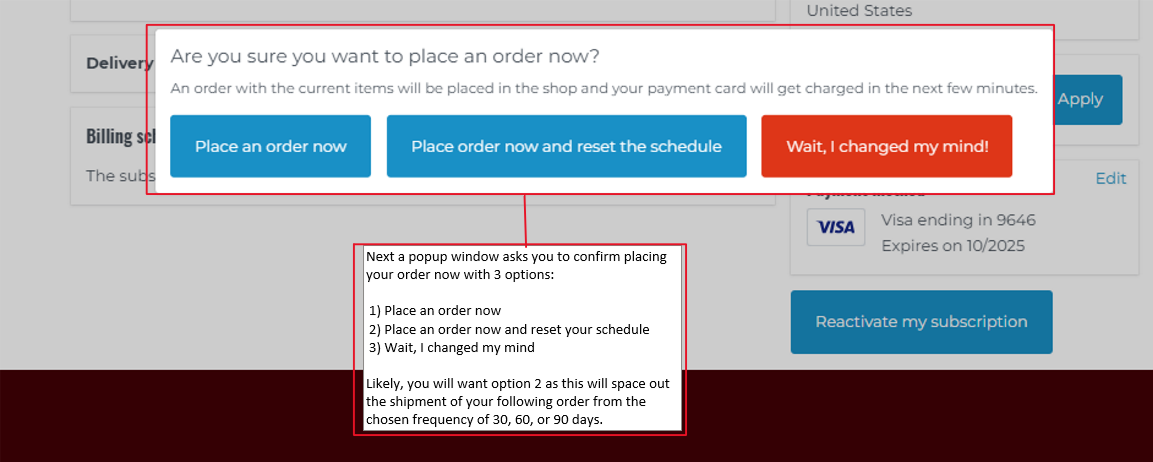 Screenshot of order edit confirmation page on hillsbros.com