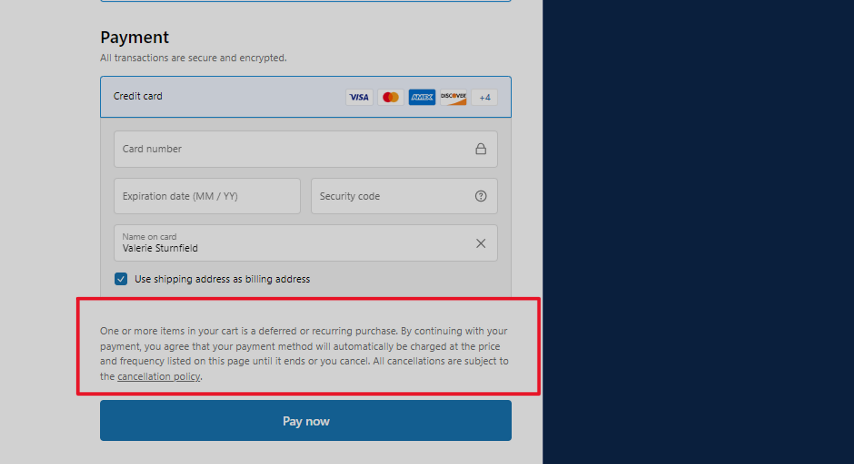 Screenshot of checkout subscription acknowledgment on shopmzb.com