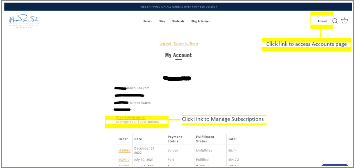 Screenshot of accounts page on shopmzb.com