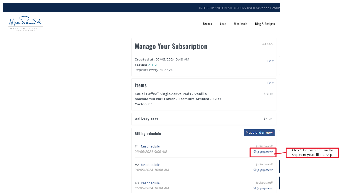Screenshot of subscription management page on shopmzb.com