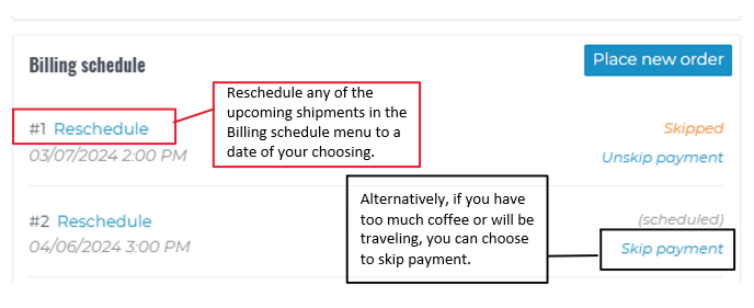 Screenshot demonstrating how to reschedule delivery or skip payment for subscription