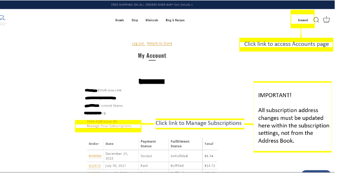 Screenshot of accounts page on shopmzb.com