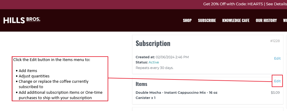 Screenshot indicating how to add quantity to a subscription order on hillsbros.com