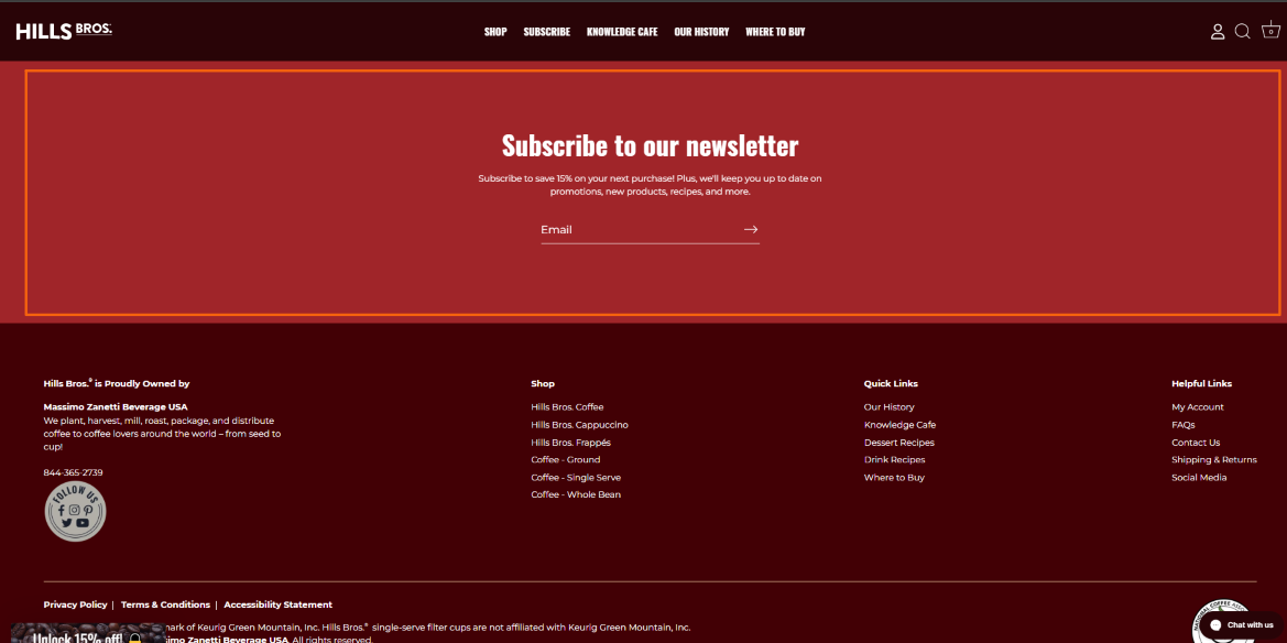 Screenshot of newsletter signup on hillsbros.com